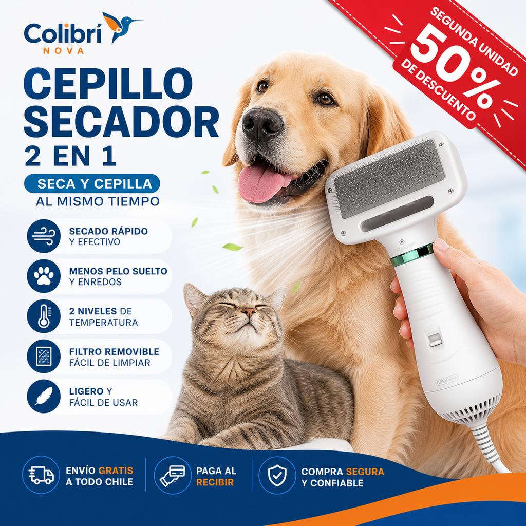 Cepillo Secador 2 en 1 para Perros y Gatos
